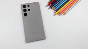 S24 Ultra on desk with colored pencils
