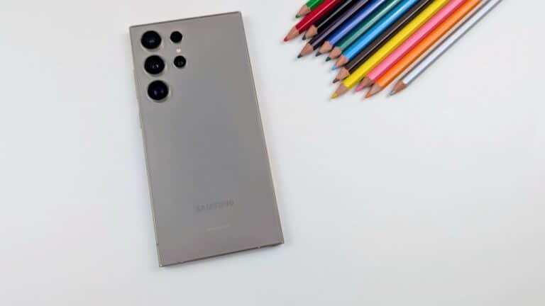 S24 Ultra on desk with colored pencils