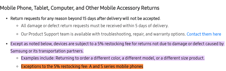 Galaxy A and S Series Restocking Fees