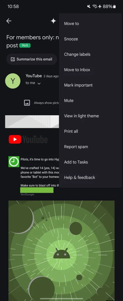 Gmail Android Three-Dot Menu Options (Old)