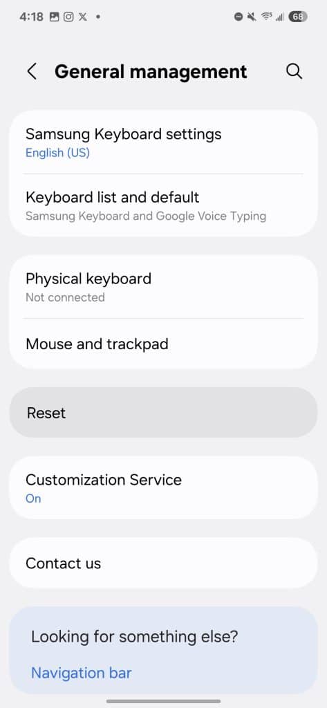 Reset in settings