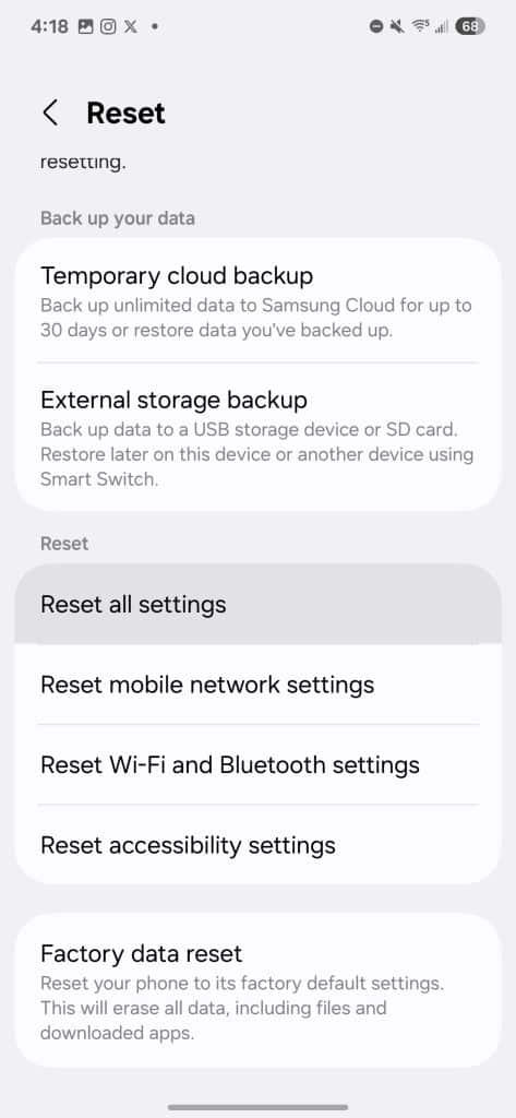 Reset all settings