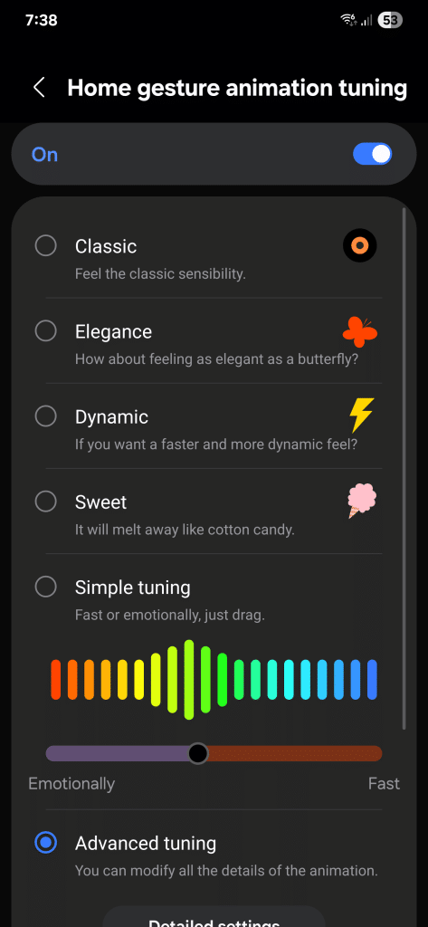 Home gesture animation tuning settings, with settings beneath