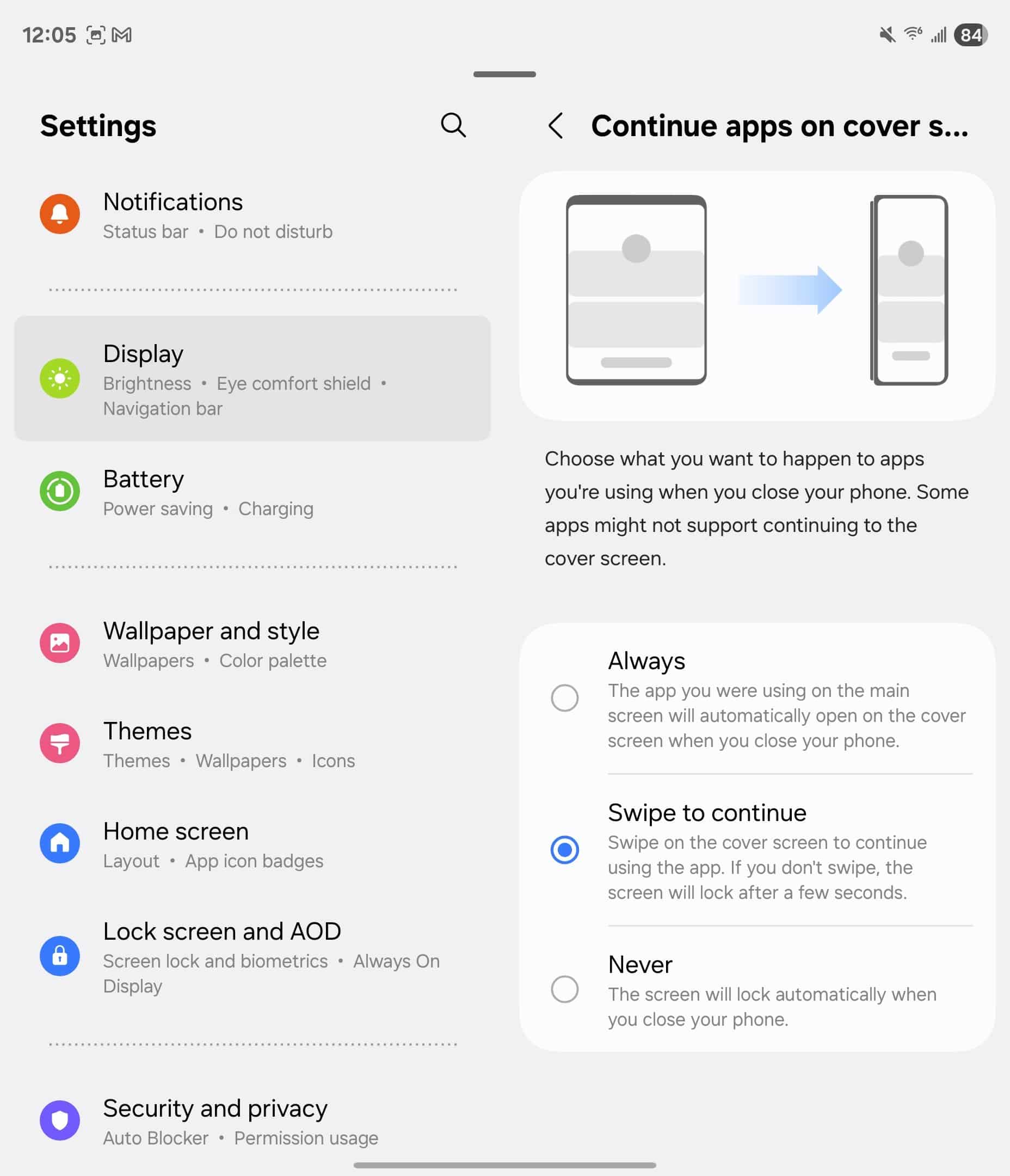 Galaxy Z Fold 6 swipe to continue apps on cover screen