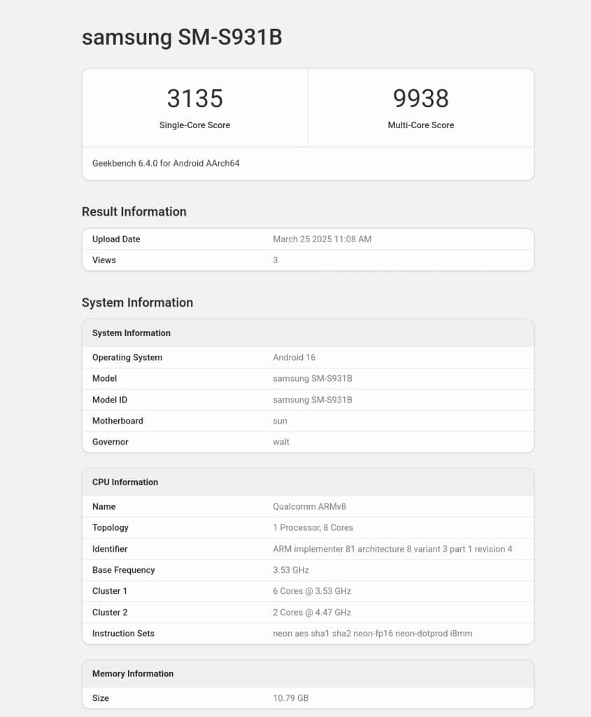Galaxy S25 with One UI 8.0 on GeekBench