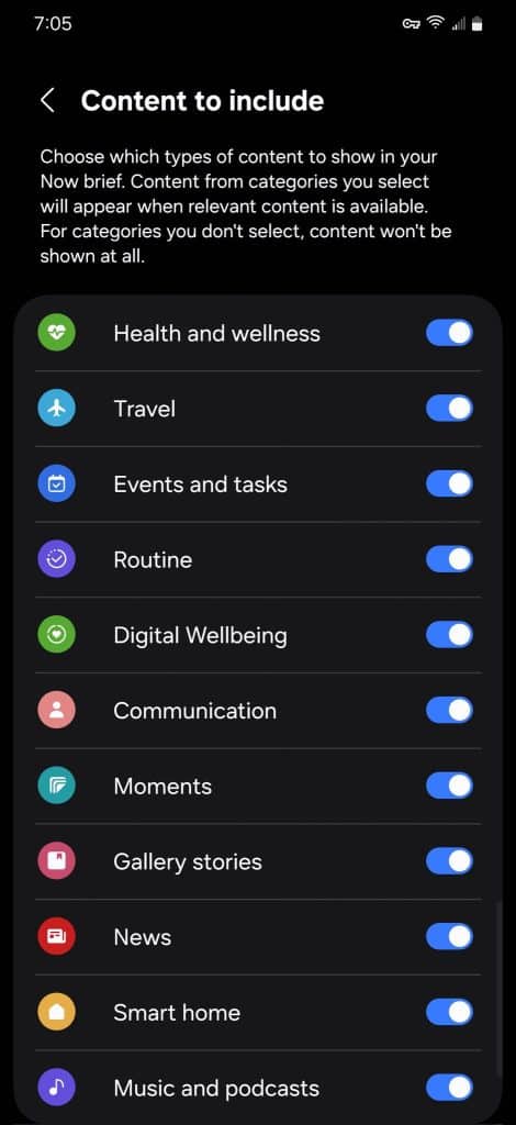 Now Brief content settings