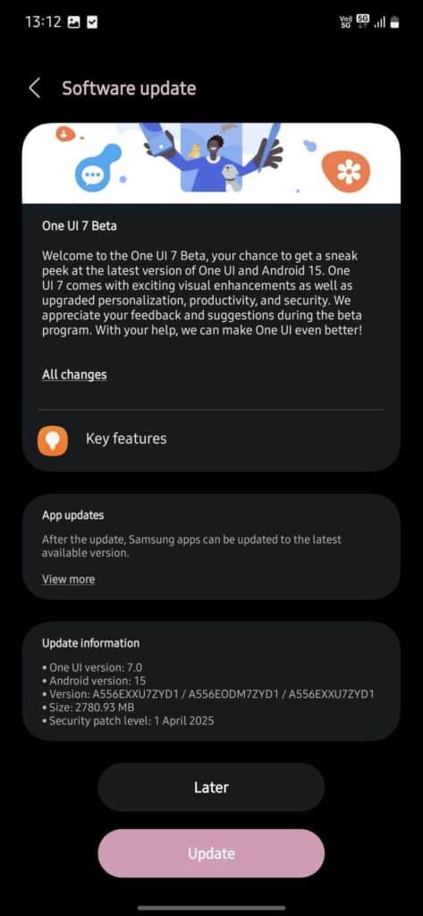 Galaxy A55 One UI 7 beta update