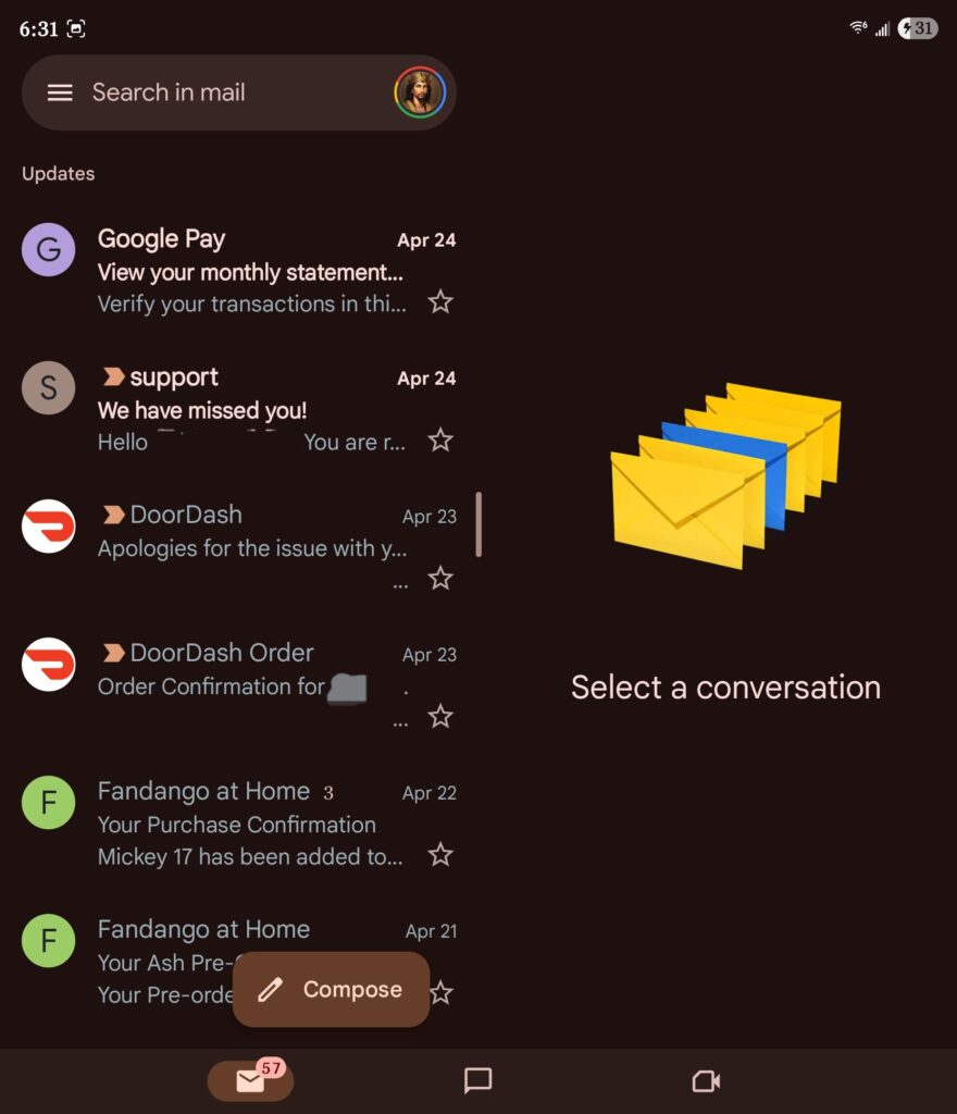 Gmail dual panel view foldable (1)