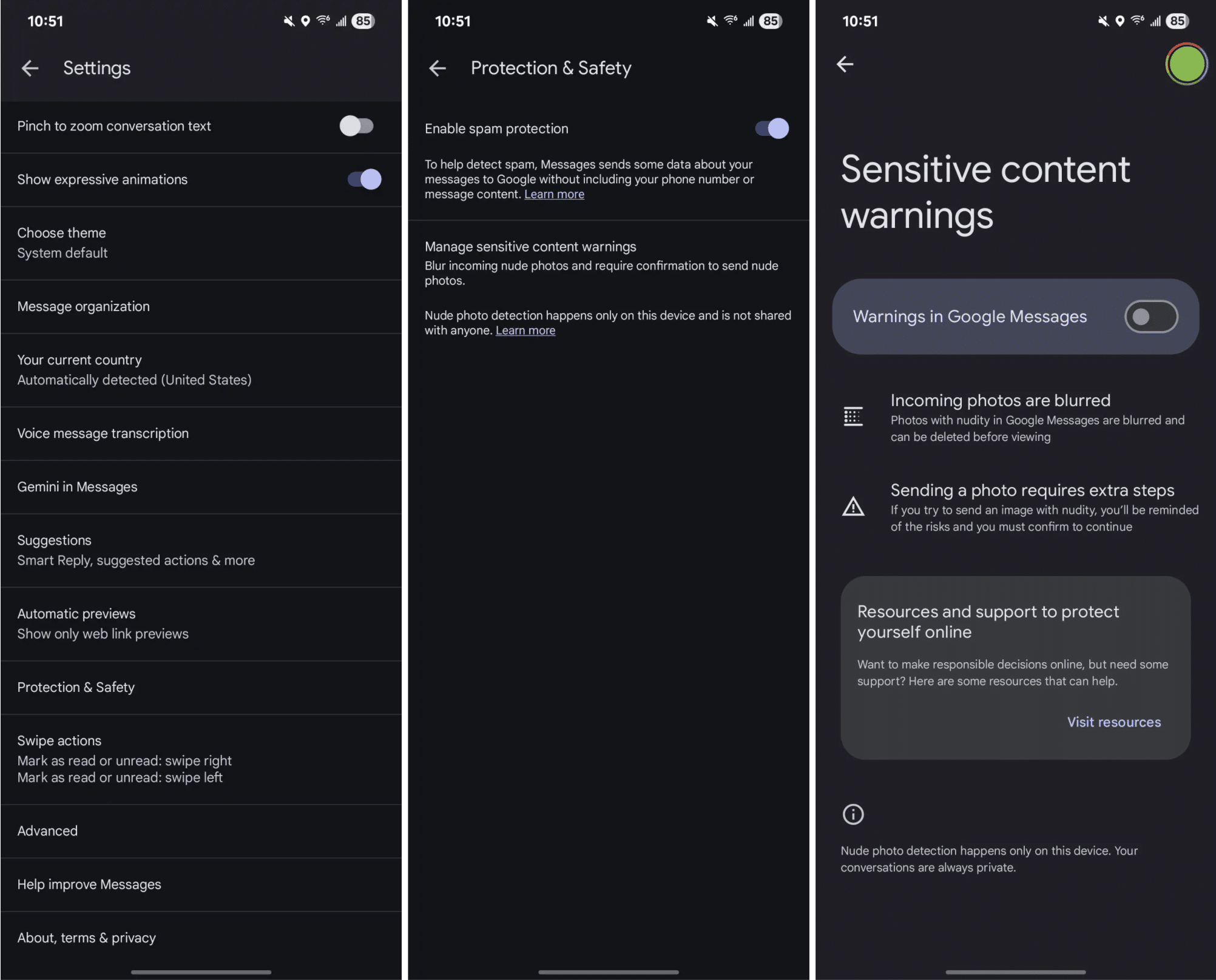 Google Message sensitive content warning