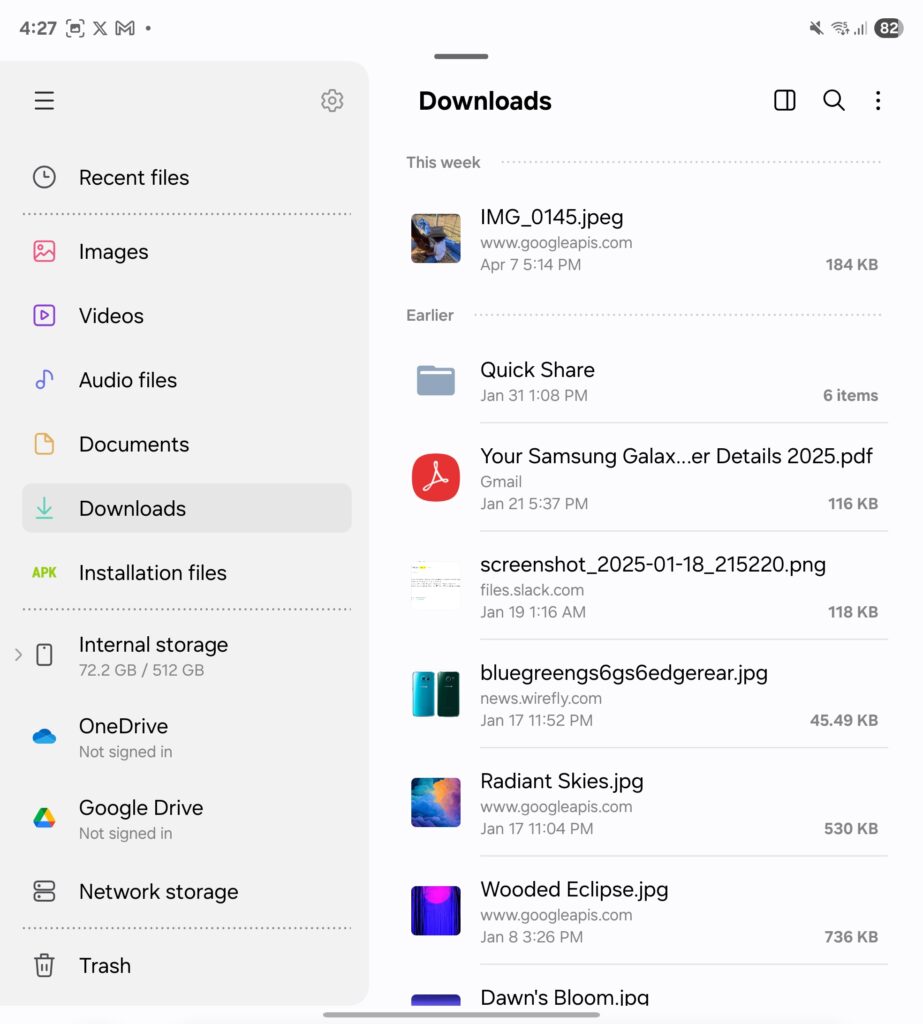 My Files column layout on One UI 7.0.