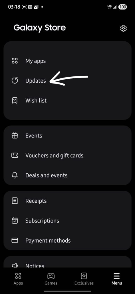 Update apps Galaxy store