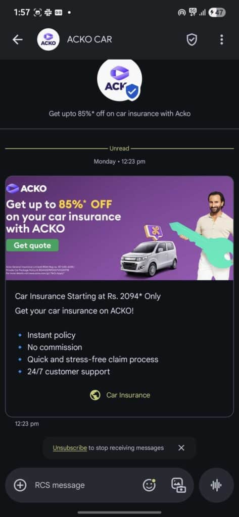 Google Messages RCS ads India