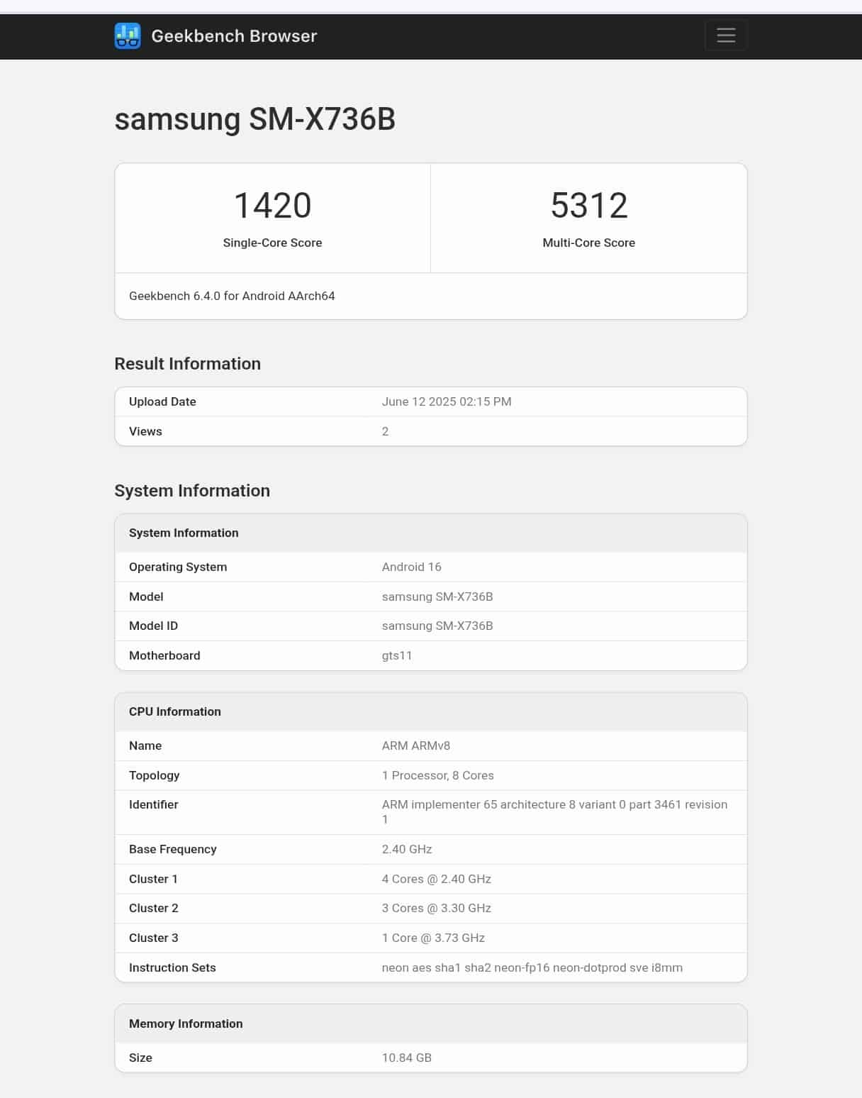Galaxy Tab S11 Geekbench