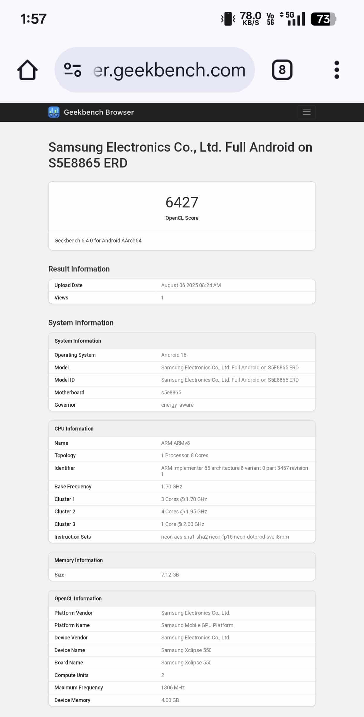 Exynos 1680 Xclipse 550 geekbench