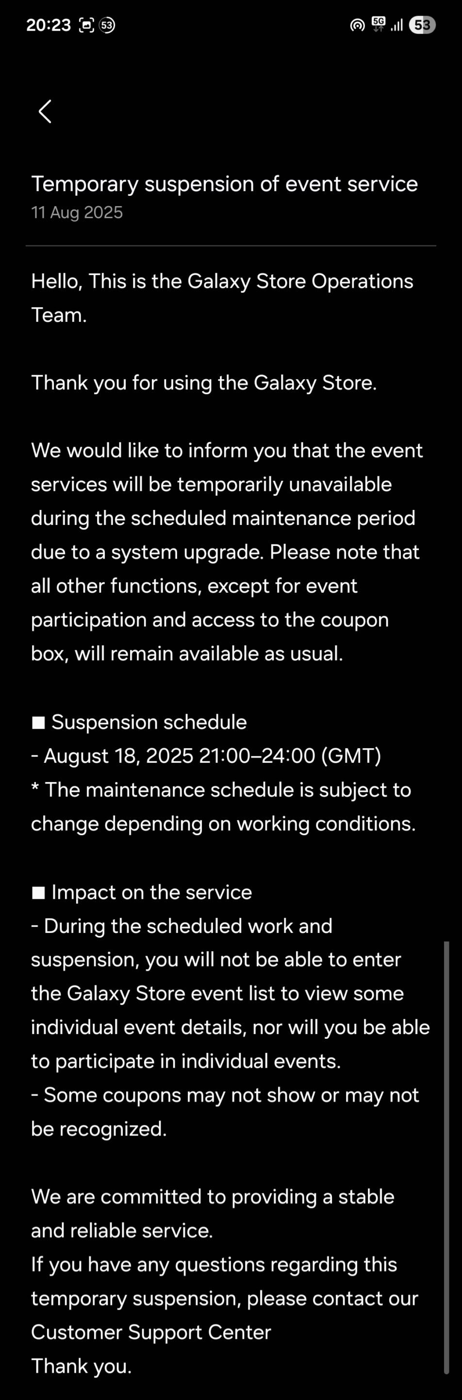 Galaxy Store event service downtime august 18