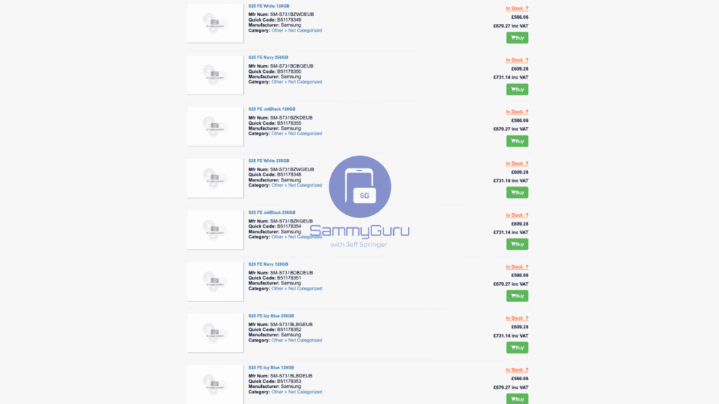 S25 FE retail prices UK