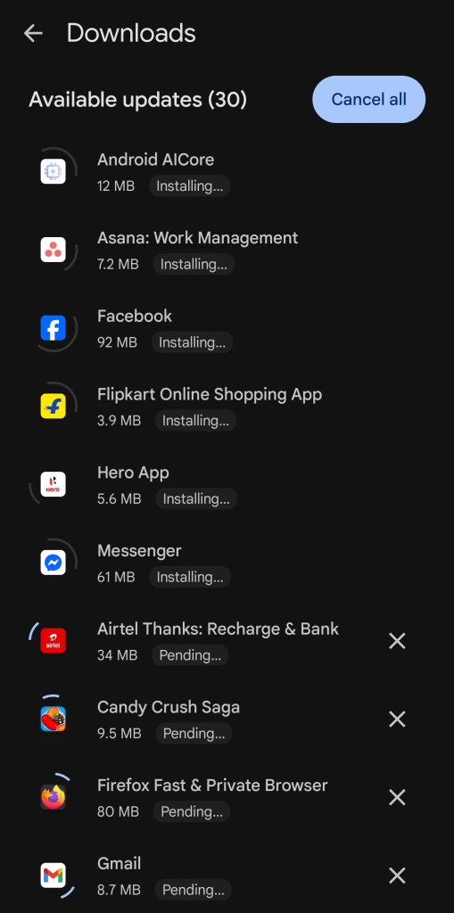 Play Store six app update at once