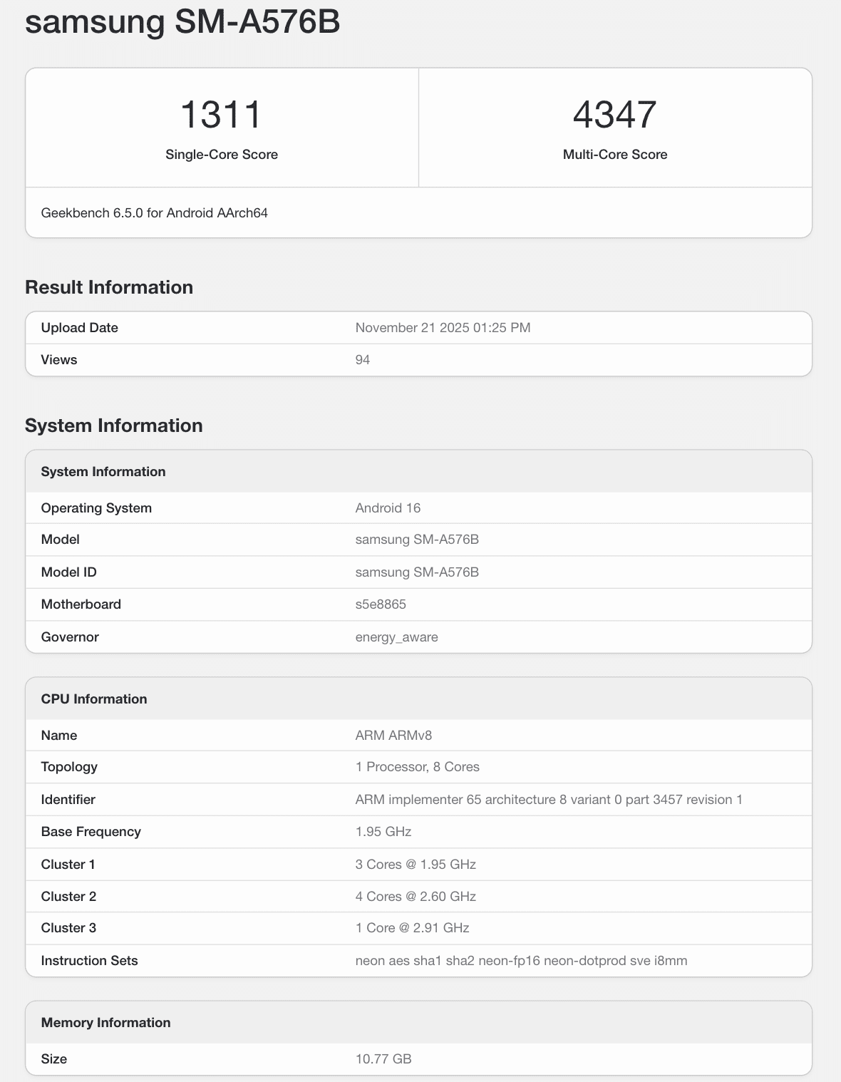 Galaxy A57 Geekbench