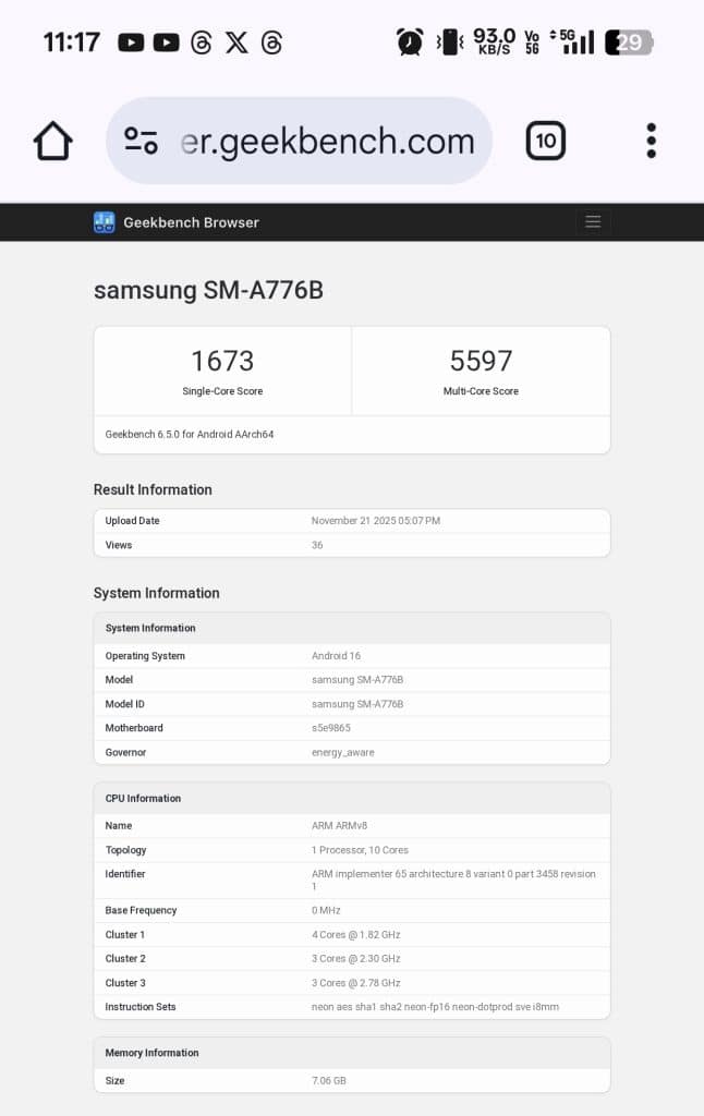 Galaxy A77 Geekbench