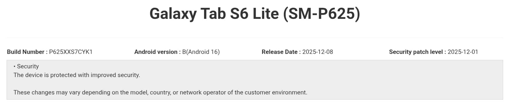 Galaxy Tab S6 Lite December 2025 security update