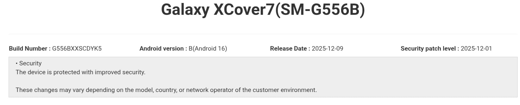 Galaxy XCover 7 December 2025 security update
