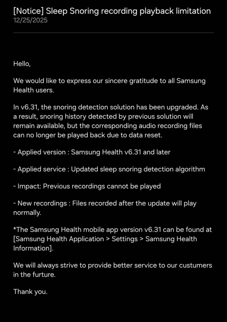 Samsung Health sleep snore detection update
