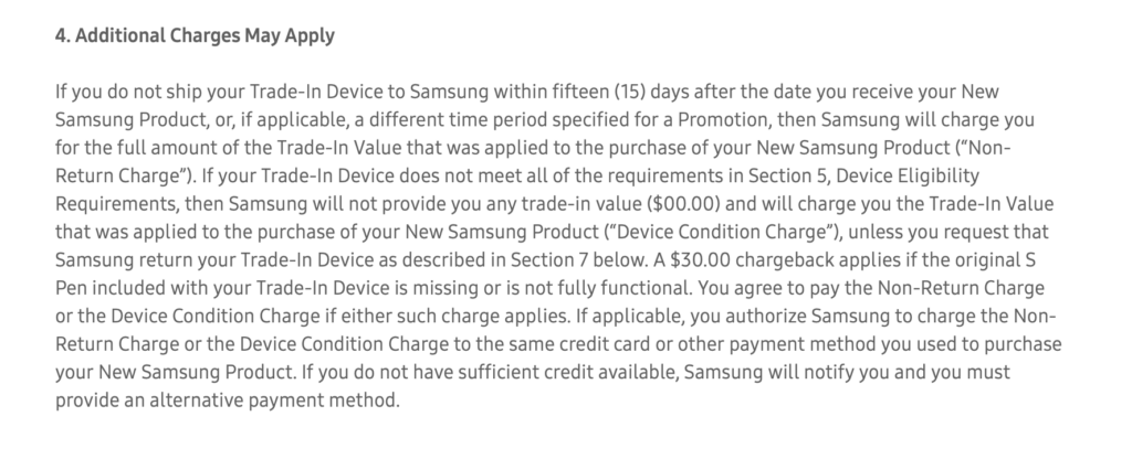 Samsung's trade in policy including $30 missing S Pen charge.