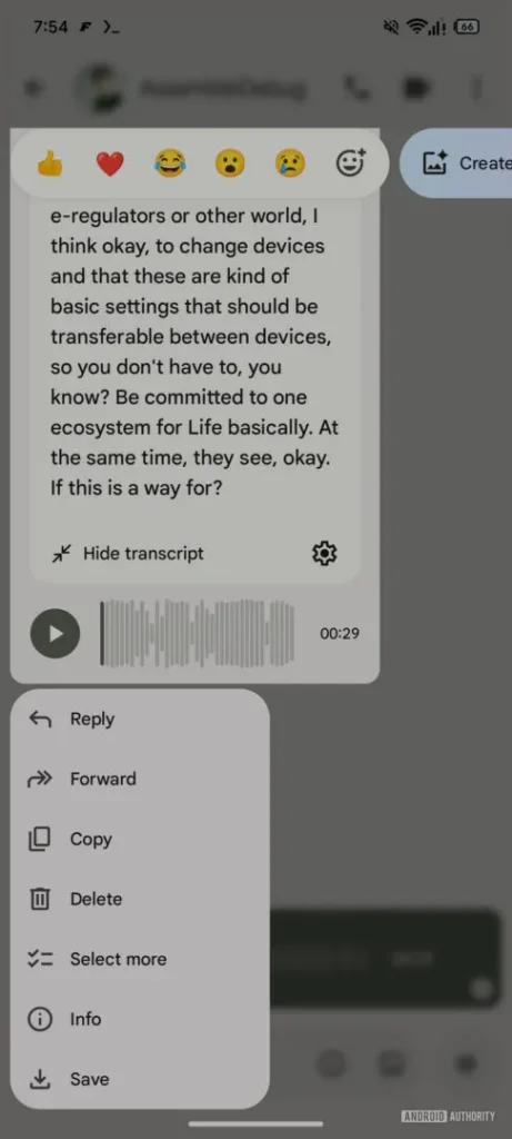 Google Messages Voice Transcript copy button