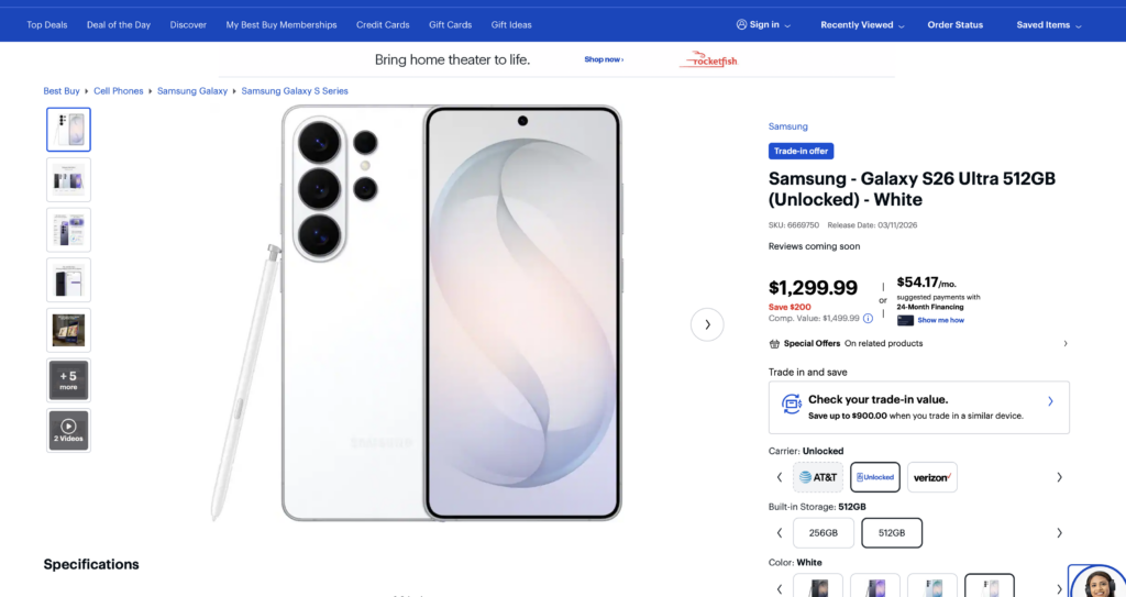 Galaxy S26 Ultra Product Page at Best Buy