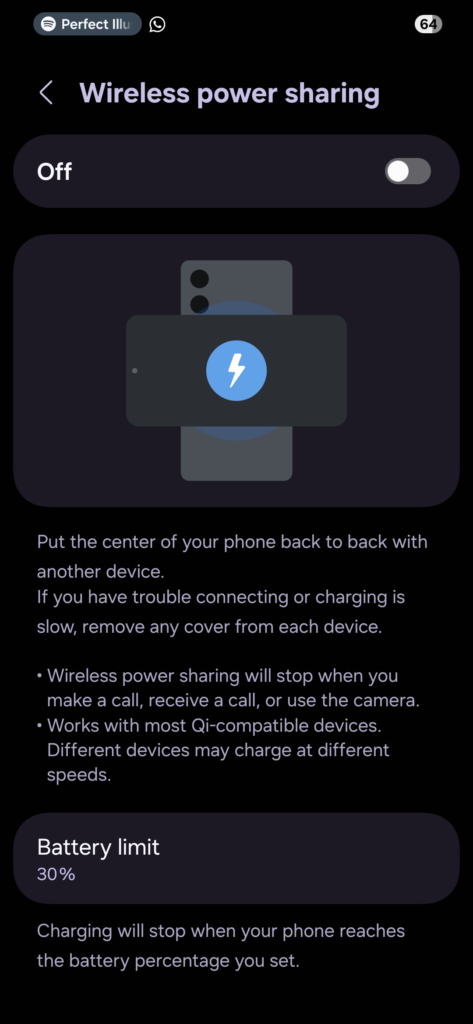 Wireless PowerSharing option in Settings